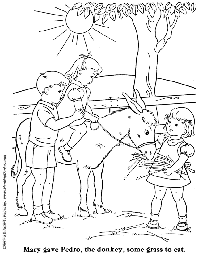 Farm animal coloring page | Donkey with children