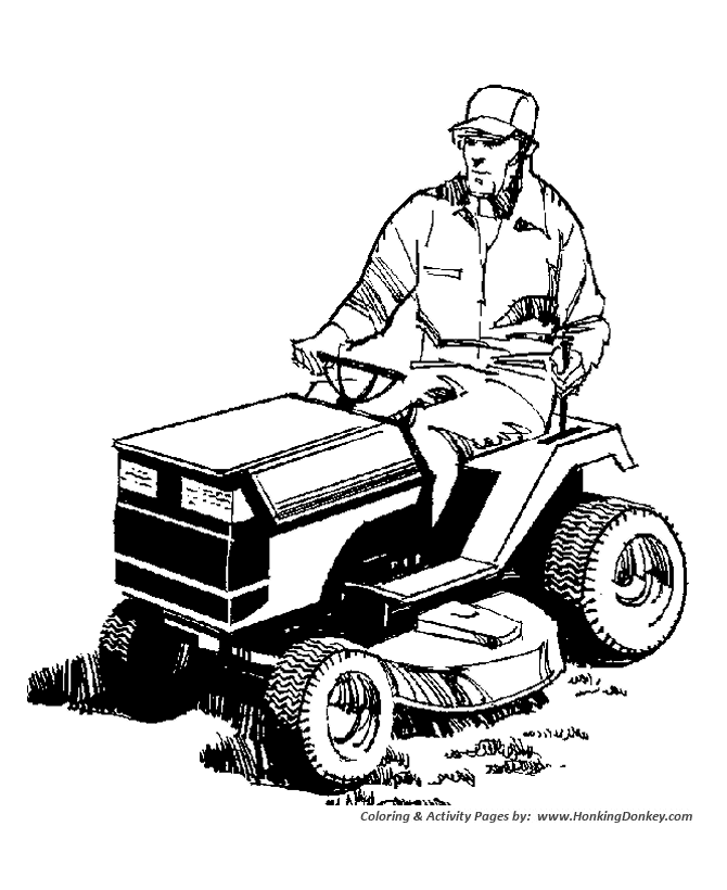 Farm equipment coloring page | man on a Lawn tractor