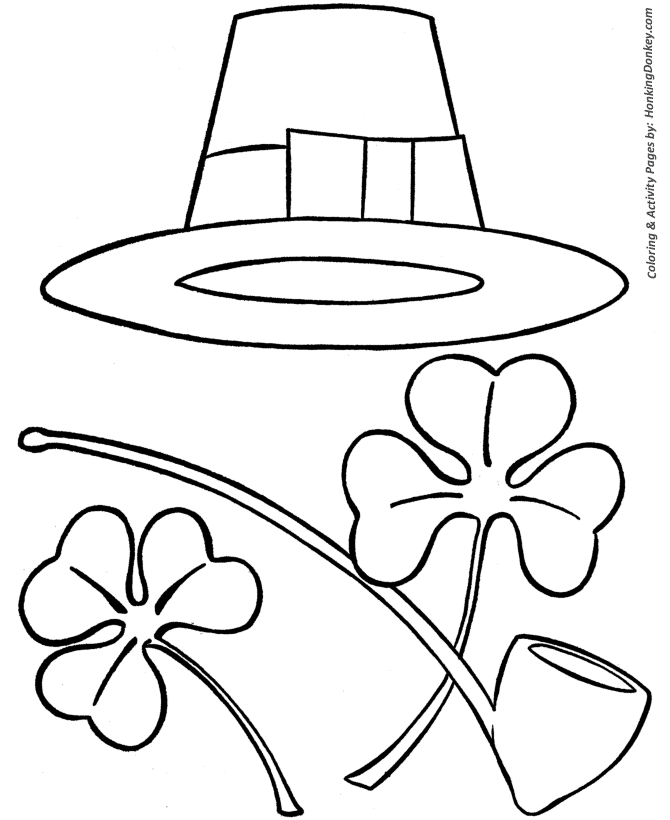 St Patricks Day Coloring Pages - Irish Hat, Pipe and Shamrocks