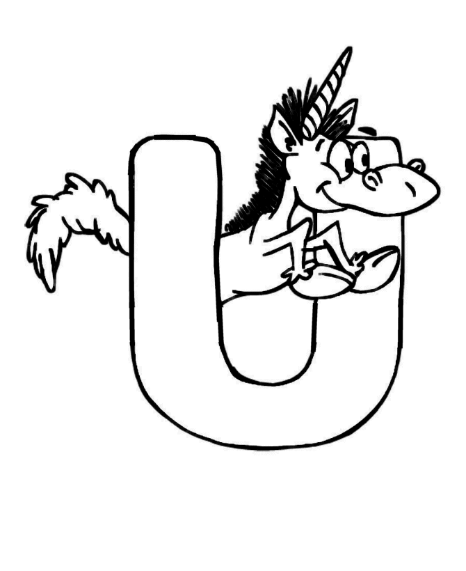 ABC Coloring Sheets - Cartoon Animal Alphabet Activity Sheets - Cute Animal Letter  U - Unicorn | HonkingDonkey