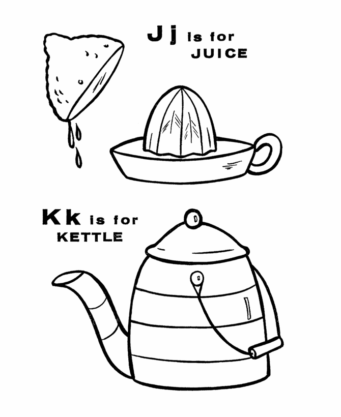 ABC Primary Coloring Activity Sheet | Letter J/K  is for Juice / Kettle