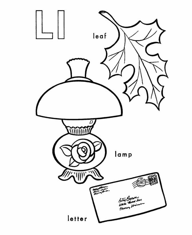 ABC Primary Coloring Activity Sheet | Letter L is for Lamp / Leaf