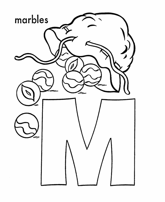 ABC Primary Coloring Activity Sheet | Letter M is for Marbles