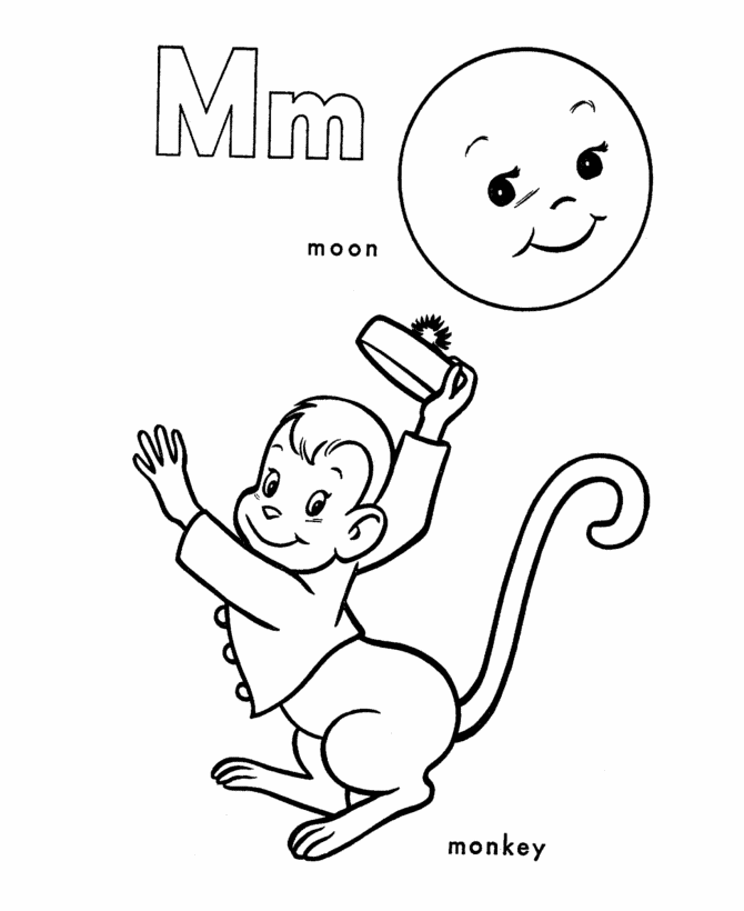 ABC Primary Coloring Activity Sheet | Letter  Mn is for Monkey / Moon