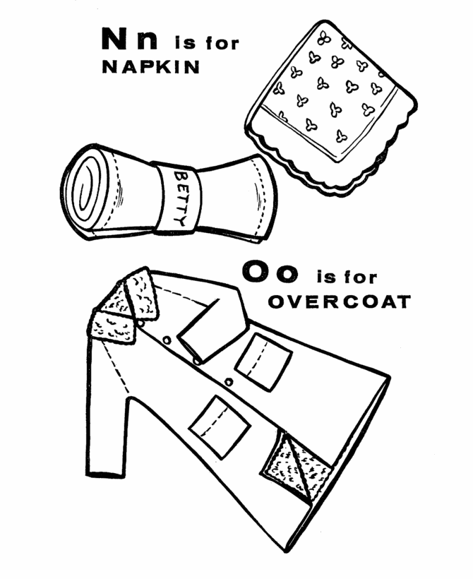 ABC Primary Coloring Activity Sheet | Letter N/O is for Napkin / Overcoat