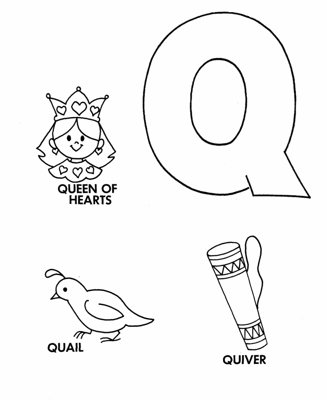 ABC Primary Coloring Activity Sheet | Letter Q is for Queen / Quail / Quiver