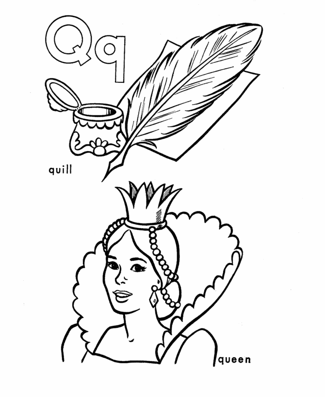ABC Primary Coloring Activity Sheet | Letter Q is for Quill / Queen