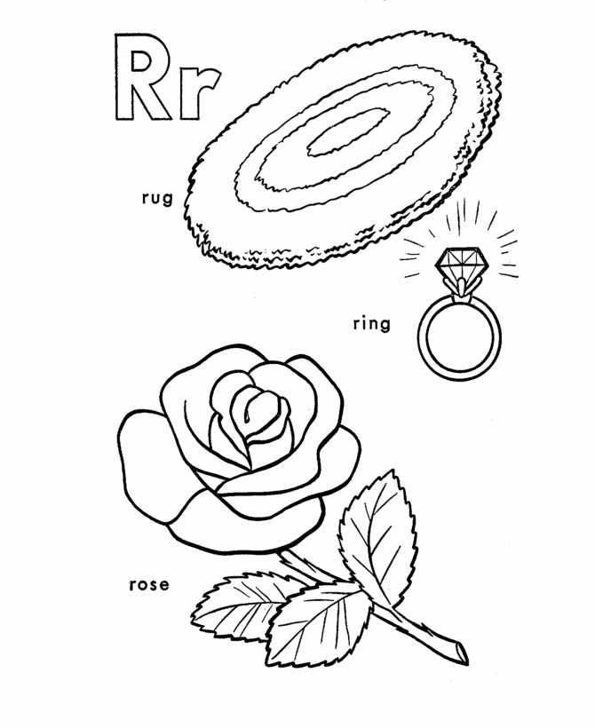 ABC Primary Coloring Activity Sheet | Letter R is for Rug / Ring / Rose