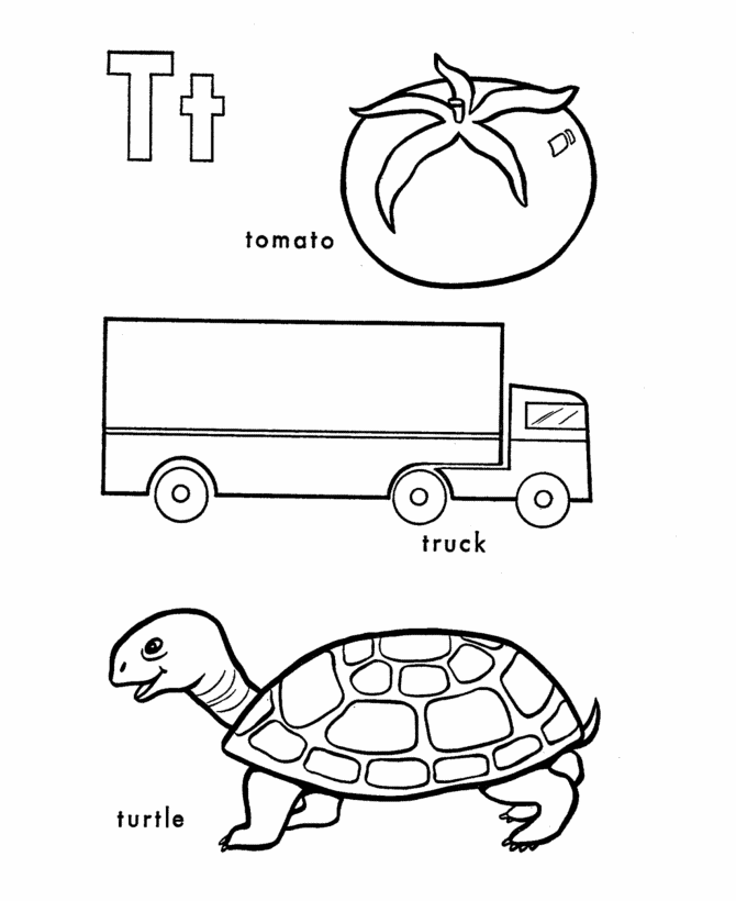 ABC Primary Coloring Activity Sheet | Letter T is for Tomato / Truck / Turtle