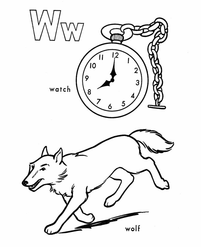 ABC Primary Coloring Activity Sheet | Letter W is for Watch / Wolf
