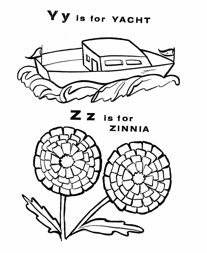 ABC Primary Coloring Activity Sheet | Letter Y/Z is for Yacht / Zinnia
