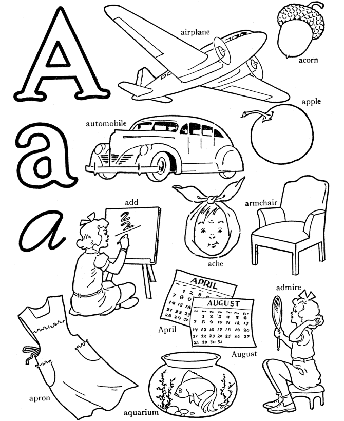 ABC Alphabet Words Coloring Activity Sheet | Letter A - Airplane