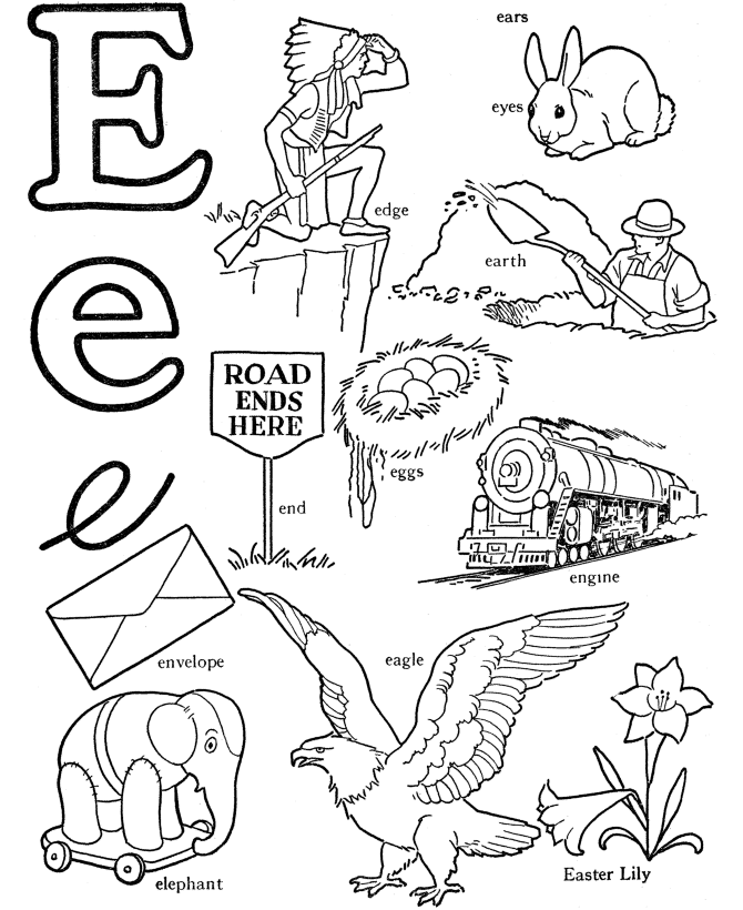 ABC Alphabet Words Coloring Activity Sheet | Letter E - Eagle