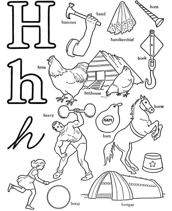 ABC Alphabet Words Coloring Activity Sheet | Letter H - Hammer