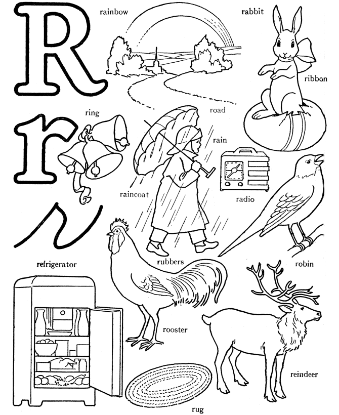 Alphabet Words Coloring Activity Sheet | Letter R - Rainbow