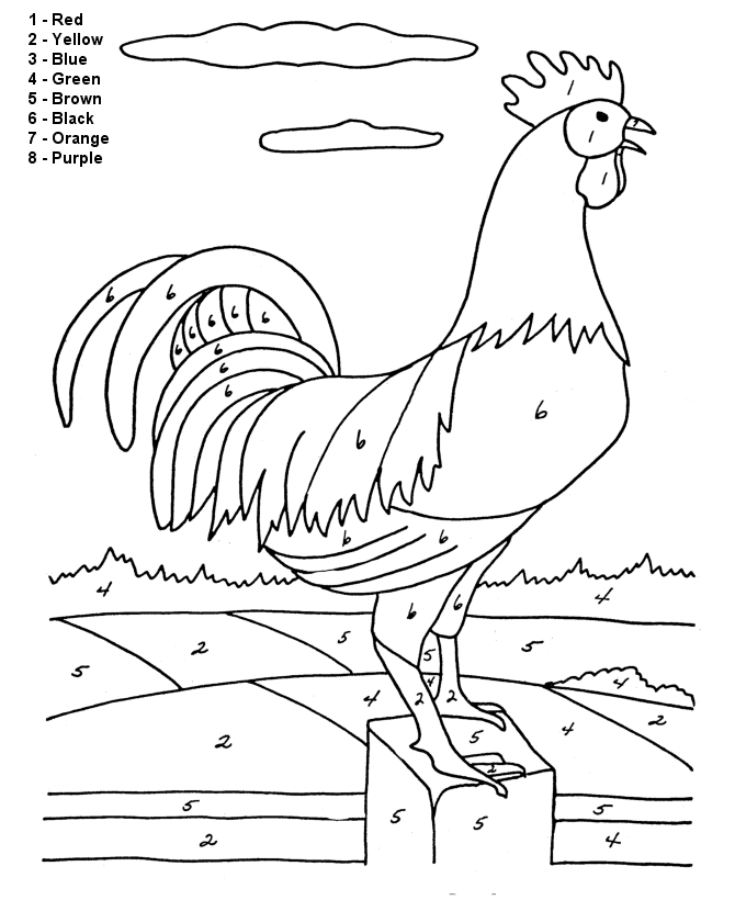 Color by Numbers Page | Farm Rooster on a fence