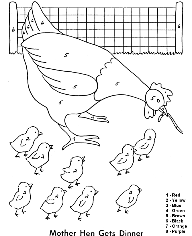 Color by Numbers Page | Farm Hen with a worm