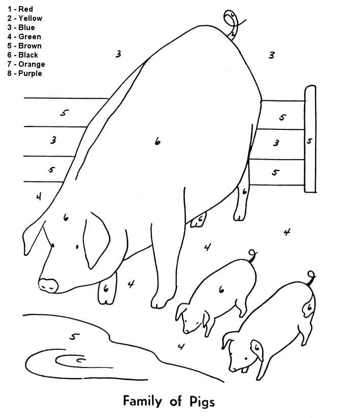 Color by Numbers Page | Farm Mother pig and piglets