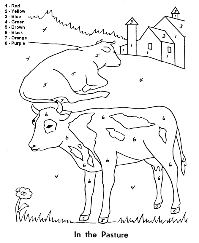 Color by Numbers Page | Farm cows in the pasture