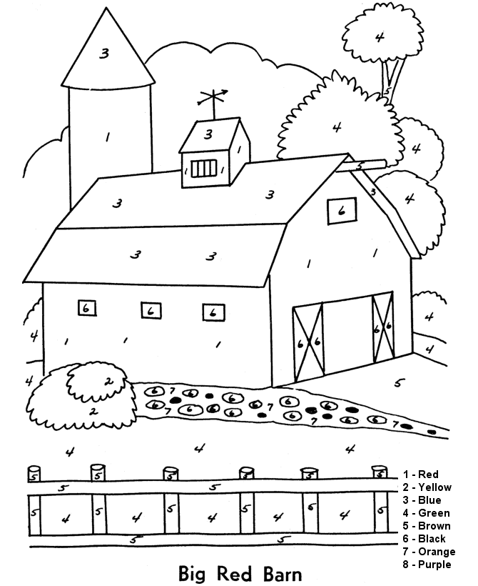 Color by Numbers Page | Farm Big Red Barn