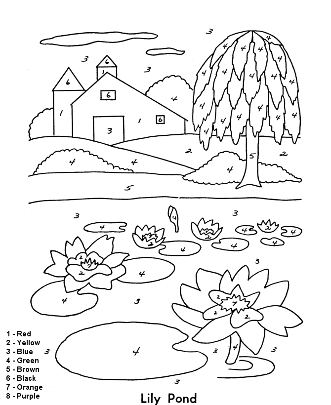 Color by Numbers Page | Farm Pond and Barn