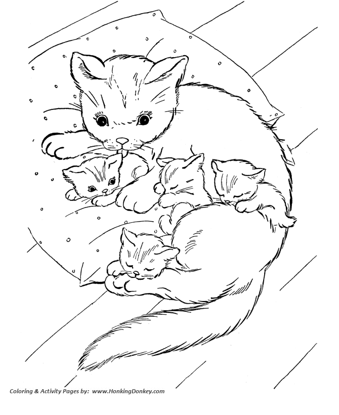 Cat Coloring page | Cat and Kittens on Pillow