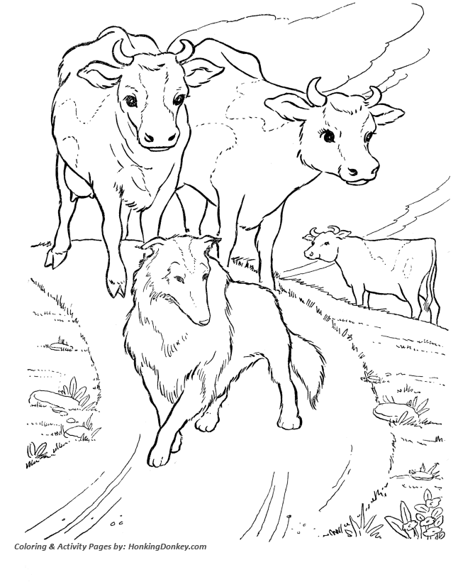 Cow Coloring page | Cow in the field with shepard dog