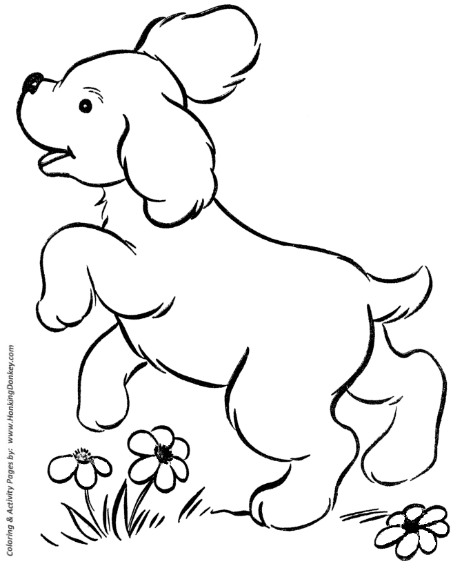 Dog Coloring Pages | Printable Cute puppy playing coloring page sheet