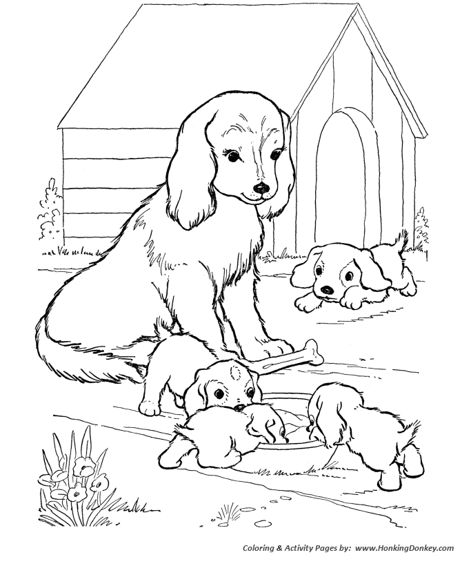Mother dog watches her puppies - Dog Coloring page