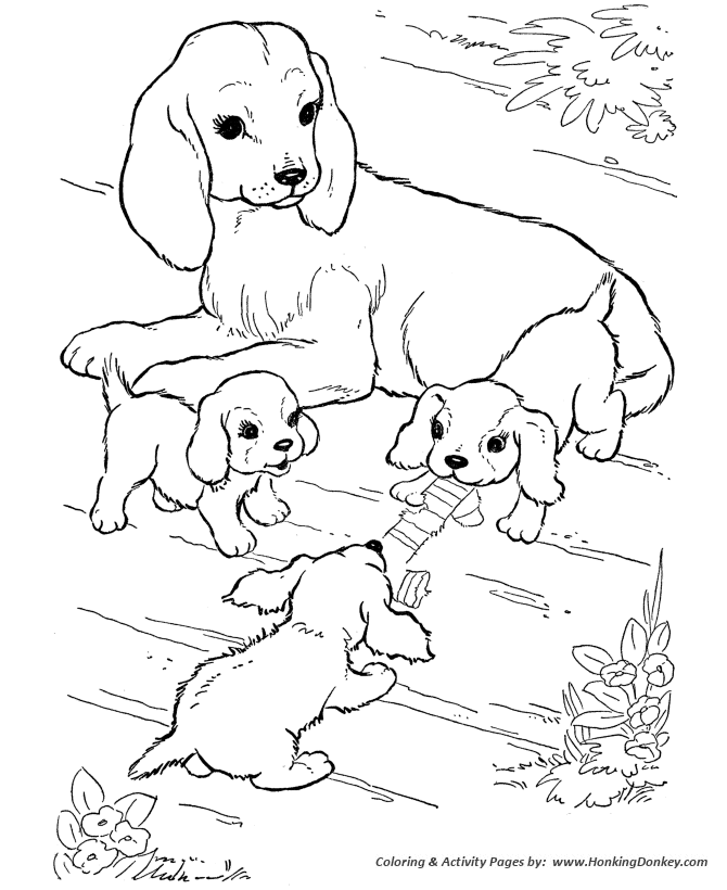 Mother dog and puppies play - Dog Coloring page