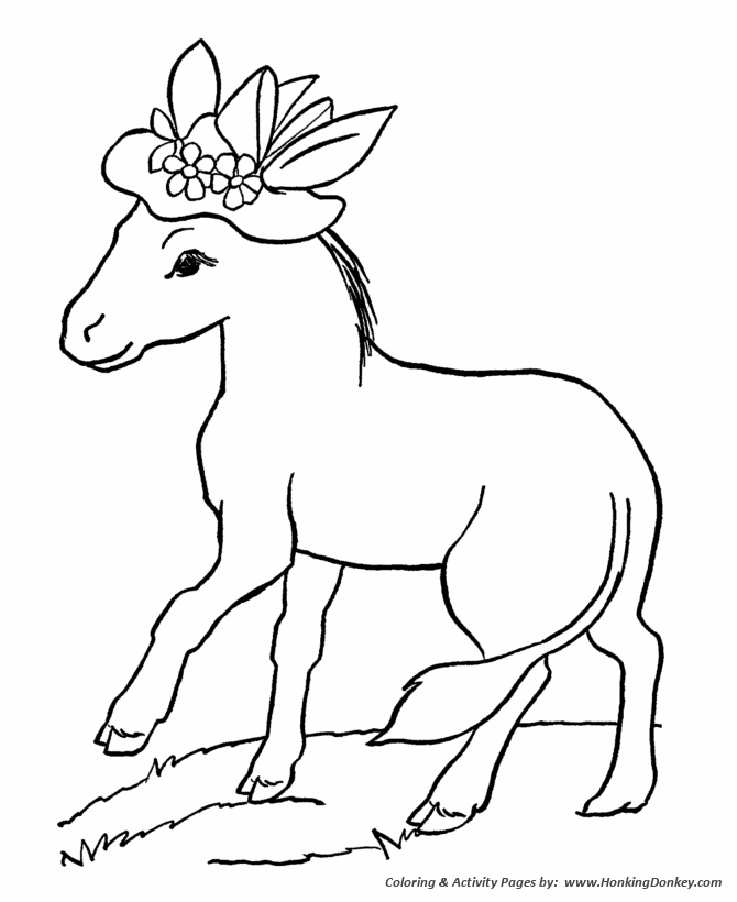 Farm animal coloring page | Donkey with a hat
