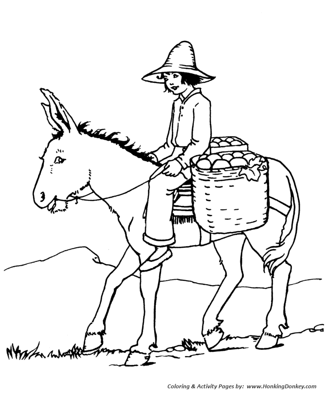 Farm animal coloring page | Riding a donkey to market