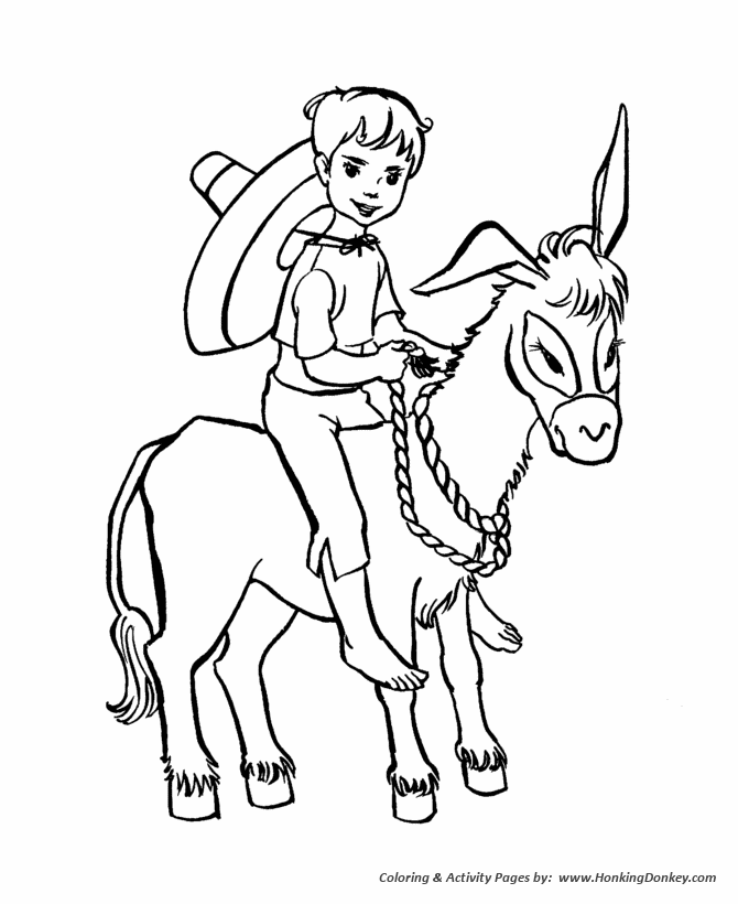 Farm animal coloring page | Boy riding a little donkey