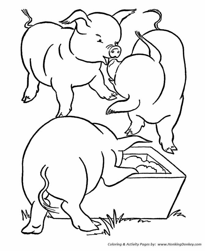 Farm animal coloring page | Pigs feeding