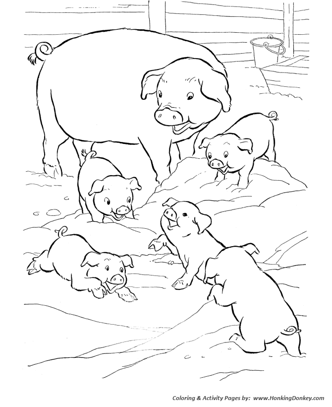 Farm animal coloring page | Pigs play in the mud