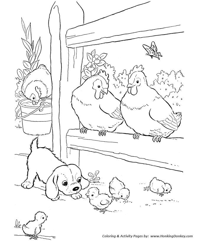Farm animal chicken coloring page | Baby chicks and a puppy