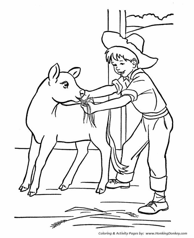 Farm Work and Chores coloring page | Farm Boy feeding a new calf