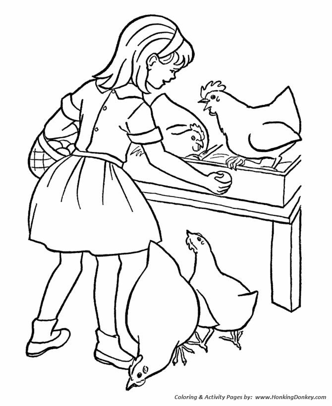 Farm Work and Chores coloring page | Farm Girl collecting eggs