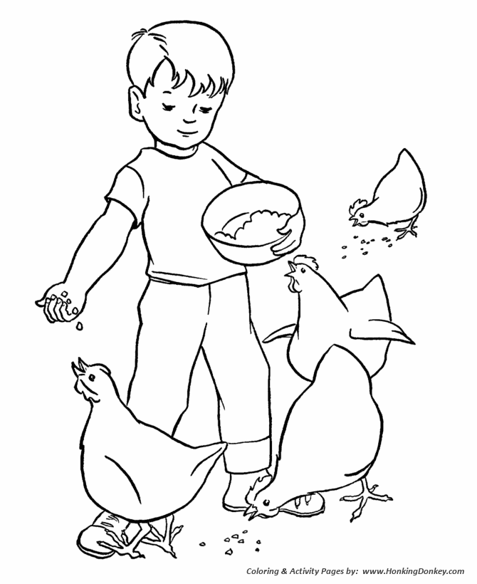 Farm Work and Chores coloring page | Boy feeding the chickens