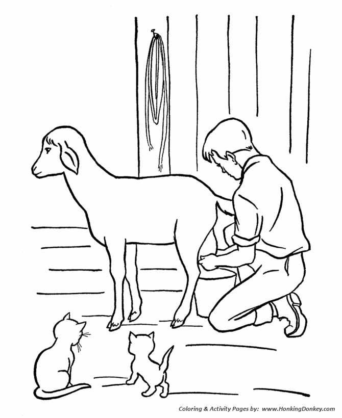 Farm Work and Chores coloring page | Boy milking a goat