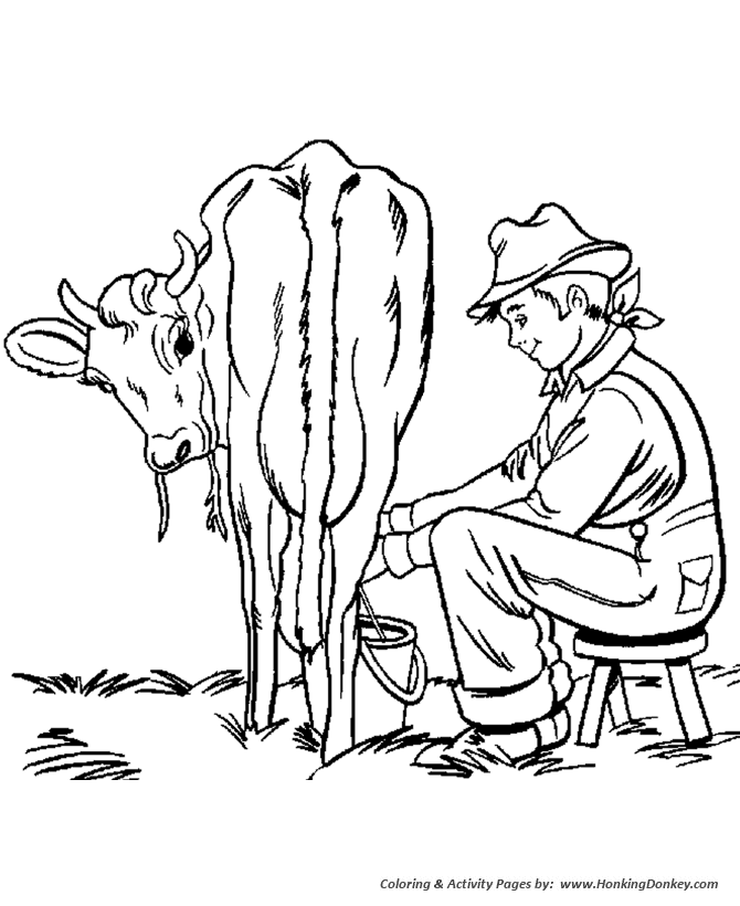 Farm Work and Chores coloring page | Farm Boy milking a cow