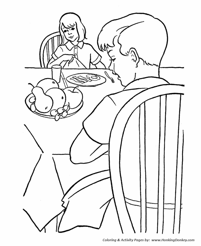 Farm Fun and Family coloring page | Farm boy and girl at breakfast