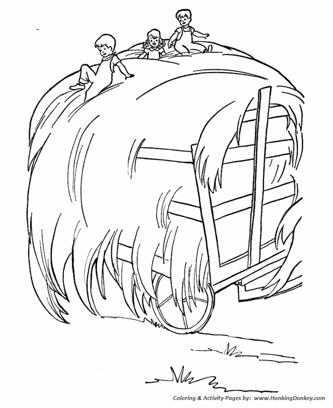 Farm Fun and Family coloring page | Farm children riding on a hay wagon