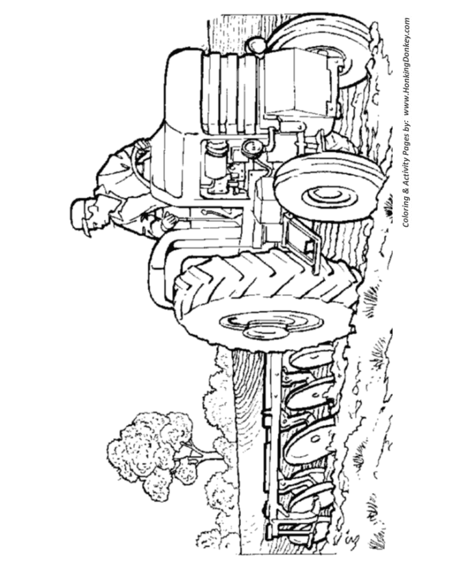Farm vehicles coloring page | Tractor plowing a field