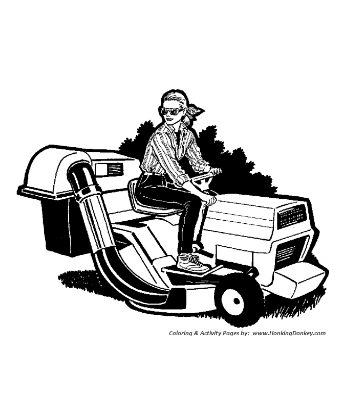 Farm equipment coloring page | Woman on a Lawn mower
