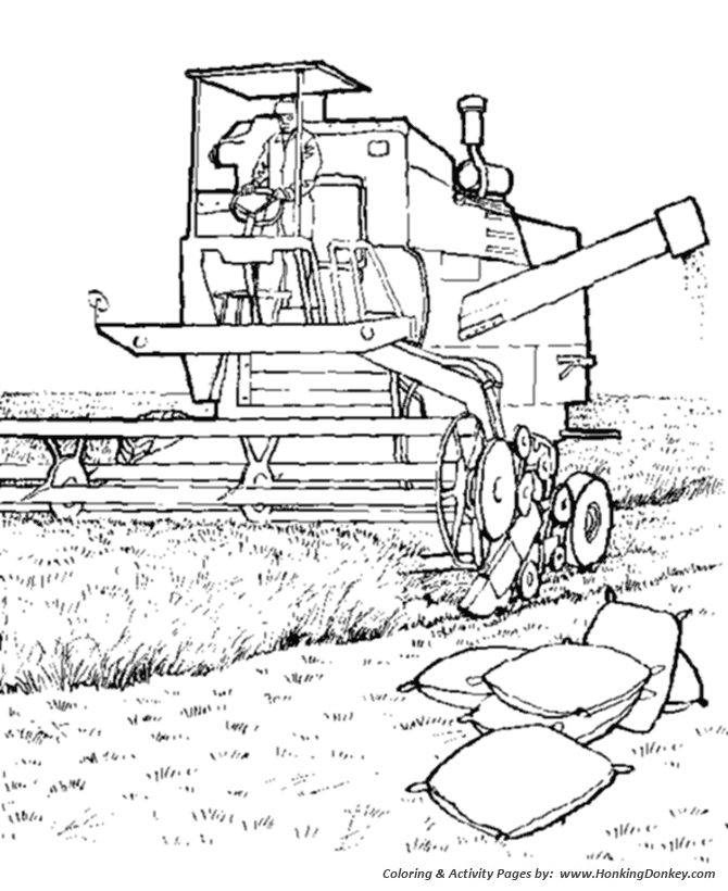 Farm equipment coloring page | Harvester machine in the field