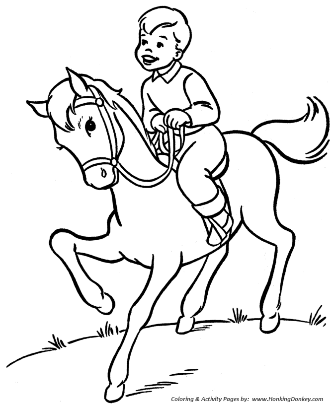 Horse coloring page | boy is riding his horse