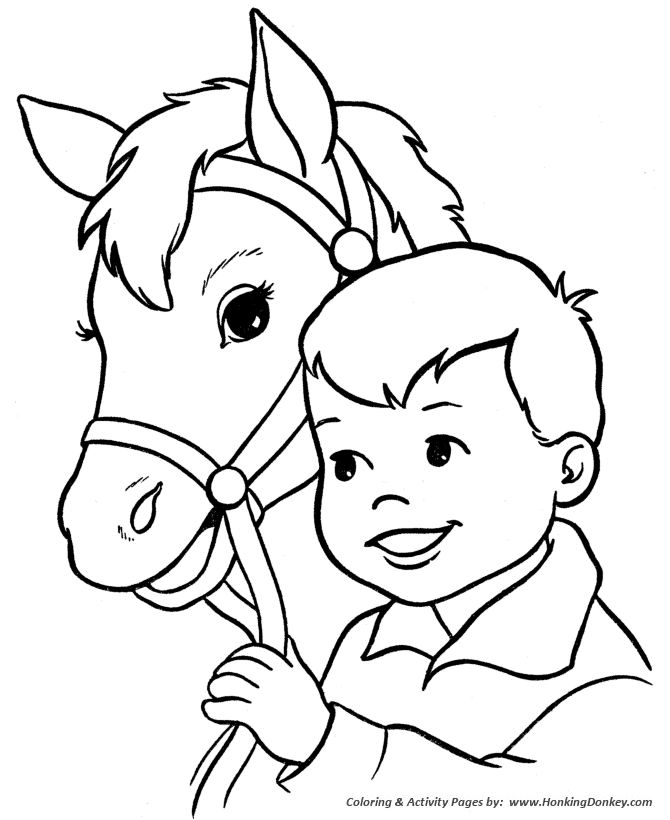 Horse coloring page | happy boy and his horse