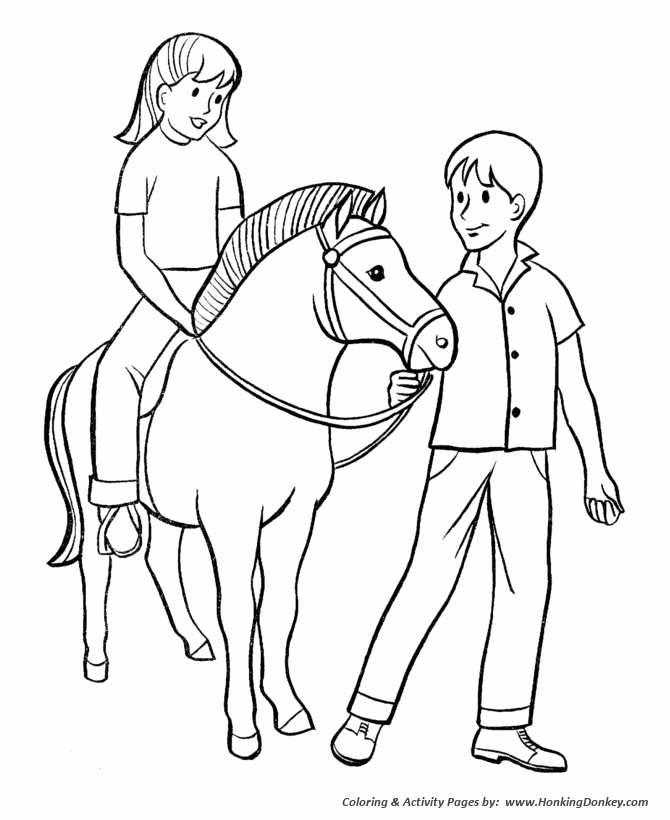 Horse coloring page | Boy and Girl with Pony