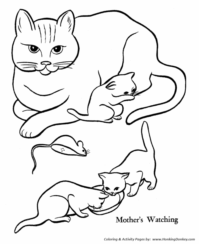 Pet Cat Coloring Pages | Free Printable Mother cat and kittens Coloring